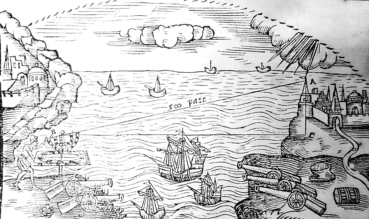 Gravura antiga: a distância de um navio é calculada a partir de uma torre no litoral — o tipo de problema que a tradição atribui a Tales.