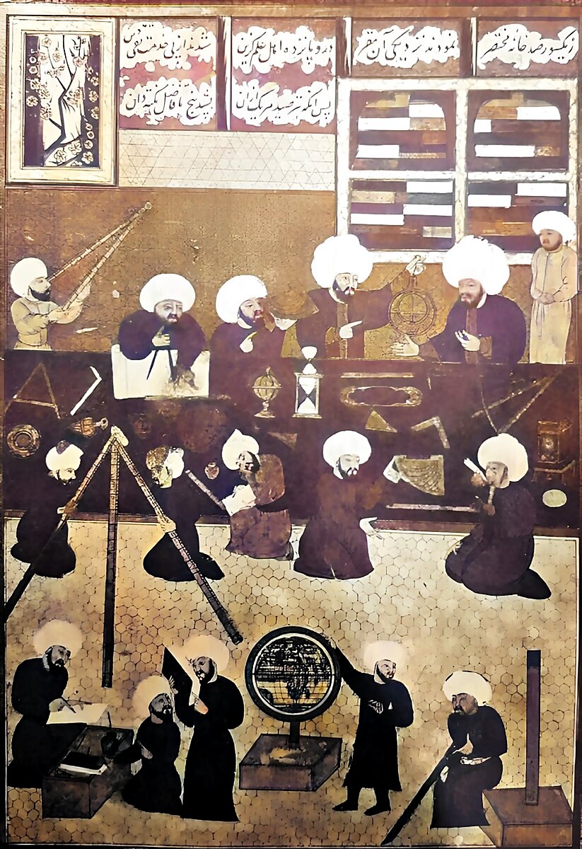 Astrônomos trabalhando no observatório de Taqi al-Din, em Istambul, numa miniatura otomana do século XVI. Instrumentos como o astrolábio e a esfera armilar medem arcos do céu.