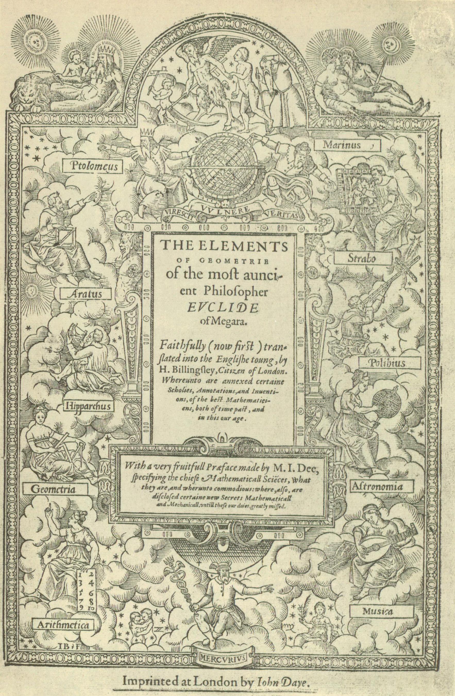 Frontispício da primeira versão inglesa dos Elementos, traduzida por Henry Billingsley em 1570. A edição exemplifica a circulação posterior da obra.