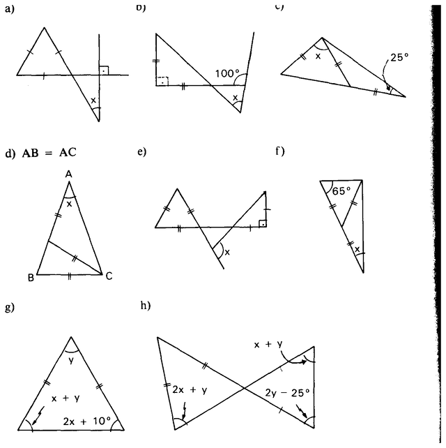 Oito figuras com triângulos e marcas de congruência, itens a a h.