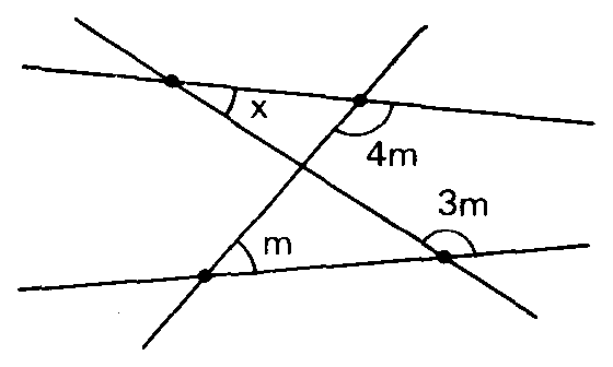 Quatro retas formando ângulos x, 4m, 3m e m.