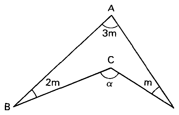 Quadrilátero côncavo ABCD com ângulos 3m, 2m, m e alfa.