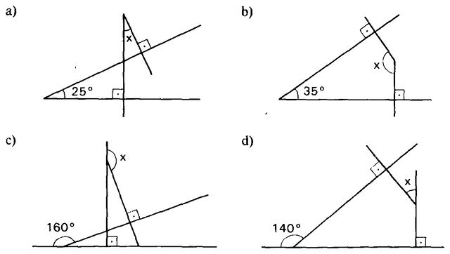 Quatro figuras com retas perpendiculares e ângulos 25°, 35°, 160° e 140°.