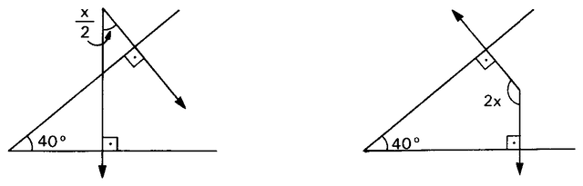 Duas figuras com retas perpendiculares e ângulo de 40°: à esquerda x/2, à direita 2x.