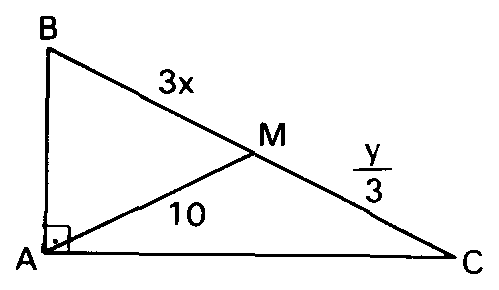 Triângulo retângulo com BM = 3x, MC = y/3 e AM = 10.