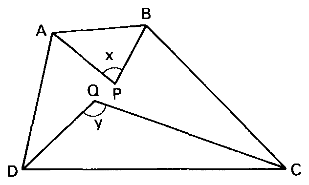 Quadrilátero ABCD com as bissetrizes se encontrando em P e Q.