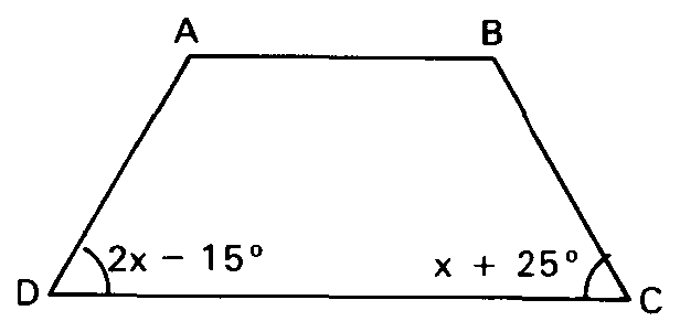 Trapézio isósceles com ângulos 2x − 15° e x + 25°.