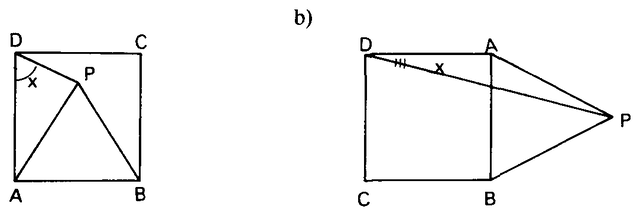Quadrado ABCD com triângulo equilátero ABP interno e externo.