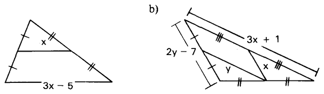Triângulos com segmentos de pontos médios e medidas em função de x e y.