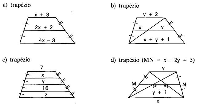 Quatro trapézios com bases médias e medidas em função de x, y e z.
