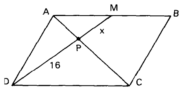 Paralelogramo ABCD com M ponto médio de AB e P na diagonal AC.