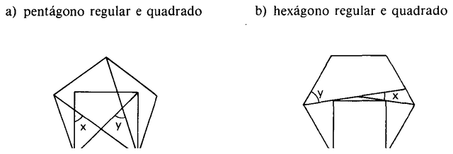 Pentágono regular com quadrado inscrito e hexágono regular com quadrado.