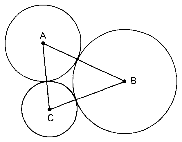 Três circunferências tangentes duas a duas com centros A, B e C.