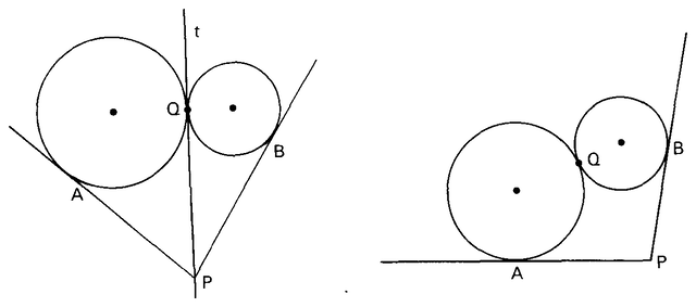 Duas circunferências tangentes em Q com tangentes PA e PB.