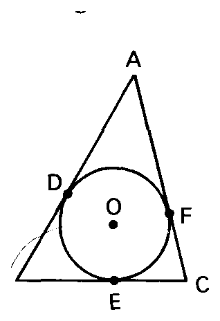 Triângulo ABC com círculo inscrito tangente em D, E e F.
