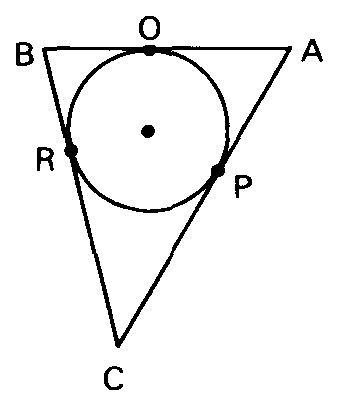 Triângulo com círculo inscrito tangente em O, R e P.