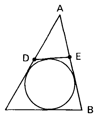 Triângulo ABC com o segmento DE e um círculo inscrito no quadrilátero BCDE.