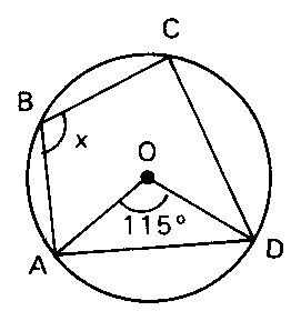 Quadrilátero inscrito com o centro O e ângulo de 115°.