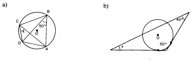 Circunferências com ângulos inscritos e tangente.