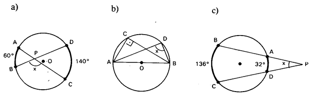 Três circunferências com ângulos e arcos.