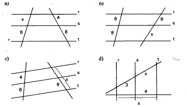 Quatro feixes de três paralelas cortados por transversais.