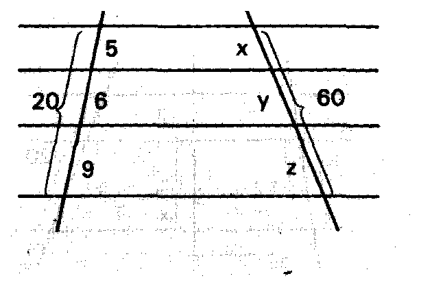 Feixe de quatro paralelas com segmentos 5, 6, 9 e x, y, z.