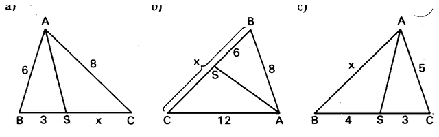 Três triângulos com a bissetriz AS.