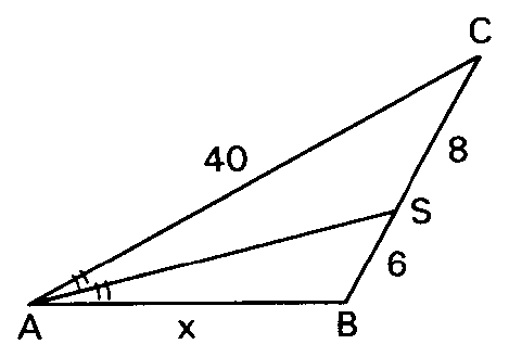 Triângulo com AC = 40, CS = 8, SB = 6 e AB = x.
