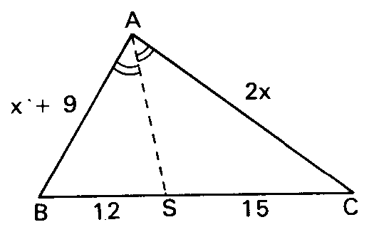 Triângulo com AB = x + 9, AC = 2x, BS = 12 e SC = 15.
