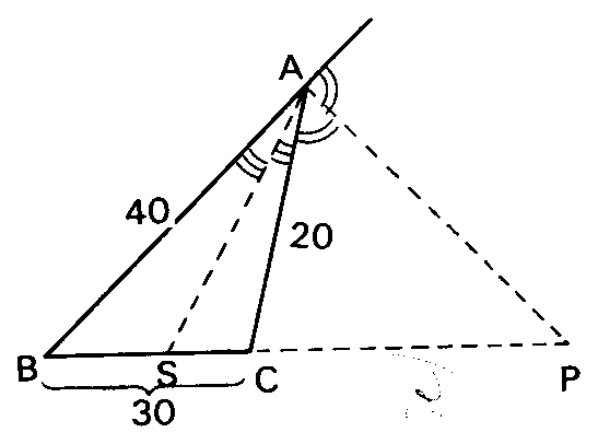 Triângulo com AB = 40, AC = 20, BC = 30 e as bissetrizes AS e AP.
