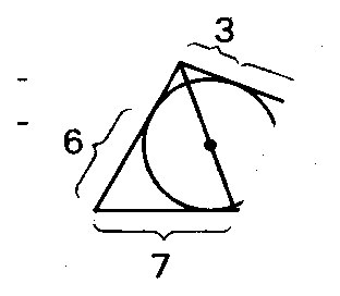 Triângulo com círculo inscrito e medidas 3, 6 e 7.