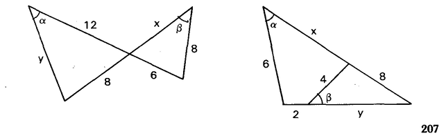 Figuras com triângulos semelhantes e ângulos alfa e beta.