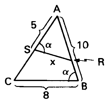 Triângulo com ângulos alfa congruentes e medidas 5, 10 e 8.