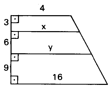 Trapézio retângulo dividido por paralelas, com bases 4 e 16.