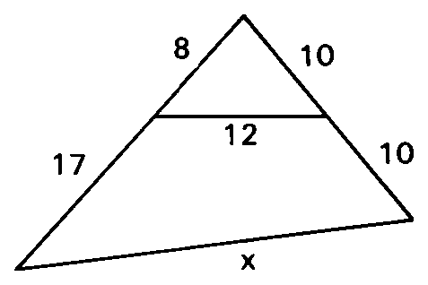 Triângulo com segmento interno de medida 12 e lados 8, 10, 17, 10.