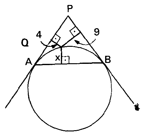 Tangentes PA e PB a uma circunferência e o ponto Q.