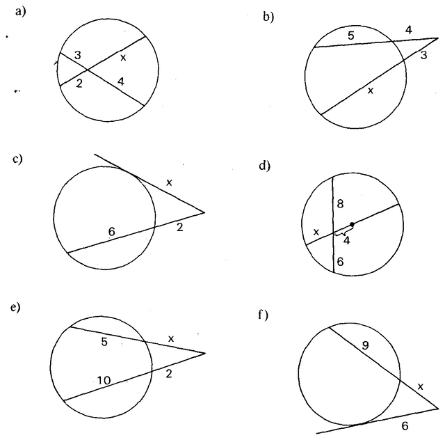 Seis circunferências com cordas e secantes.
