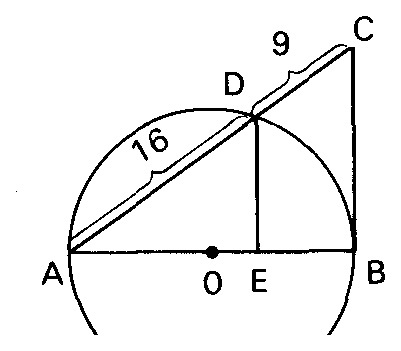 Circunferência de diâmetro AB com tangente BC e DE paralelo.