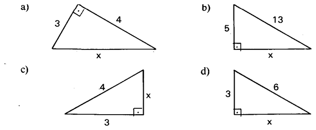 Quatro triângulos retângulos com lados indicados e x desconhecido.