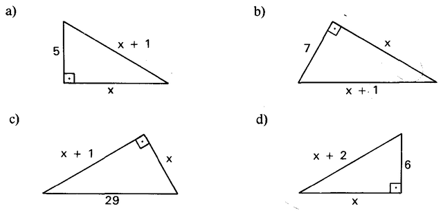 Quatro triângulos retângulos com lados expressos em x.
