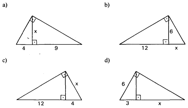 Quatro triângulos retângulos com a altura relativa à hipotenusa.