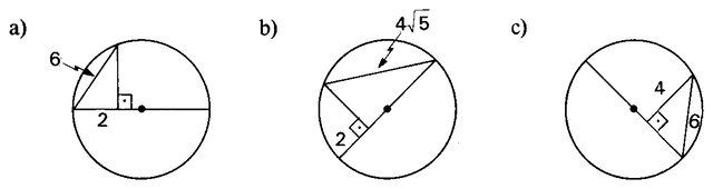 Três circunferências com triângulos inscritos.