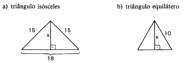 Triângulo isósceles de lados 15, 15 e 18; triângulo equilátero de lado 10.
