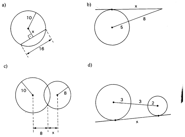 Quatro figuras com circunferências, cordas e tangentes.