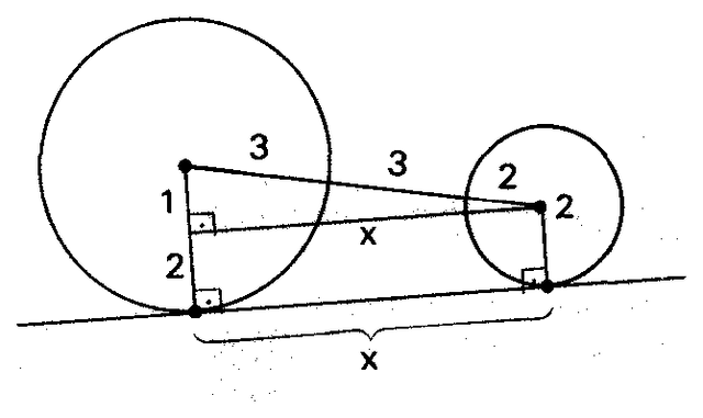 Duas circunferências de raios 3 e 2 tangentes a uma reta, com o trapézio retângulo formado pelos raios.