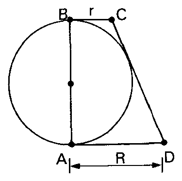 Trapézio retângulo ABCD com bases r e R e o lado AB como diâmetro de uma circunferência tangente a CD.