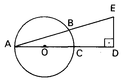 Circunferência de centro O com a secante AE e o triângulo retângulo ADE.