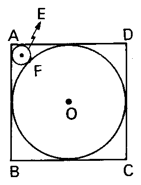 Quadrado ABCD com um círculo inscrito e um círculo menor no canto A.