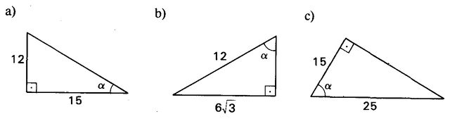 Três triângulos retângulos com o ângulo α.
