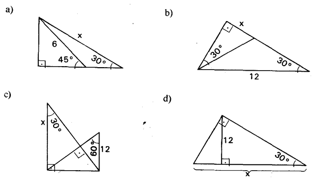 Quatro figuras com triângulos retângulos e ângulos de 30°, 45° e 60°.